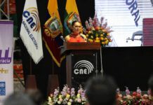 Diana Atamaint, presidenta del CNE, anunció esta noticia en el acto realizado en Morona Santiago