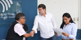 La candidata a la Vicepresidencia de la República, Blanca Sacancela, acompañada por Francesco Tabacchi, denunció públicamente al presidente Daniel Noboa por, según sus declaraciones, intentar silenciar el debate vicepresidencial programado para el 12 de enero de 2025.