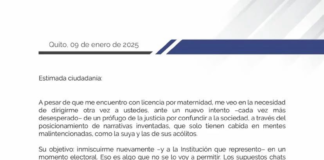 La fiscal general del Estado, Diana Salazar, desmintió públicamente los supuestos chats que el expresidente Rafael Correa presentó el 9 de enero de 2025, en los que vinculaba a Salazar y a la exministra María Paula Romo en una supuesta conspiración relacionada con el caso Sobornos.