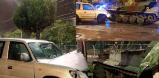 En un hecho poco común, un vehículo liviano colisionó contra un tanque de guerra en la ciudad de Riobamba durante la madrugada del domingo 16 de febrero de 2025.