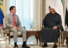 El presidente de Ecuador, Daniel Noboa, mantuvo un encuentro con Mohamed bin Zayed Al Nahyan, presidente de Emiratos Árabes Unidos, en el Palacio Al Shati, en Abu Dabi, este 30 de abril de 2025.