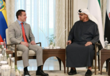 El presidente de Ecuador, Daniel Noboa, mantuvo un encuentro con Mohamed bin Zayed Al Nahyan, presidente de Emiratos Árabes Unidos, en el Palacio Al Shati, en Abu Dabi, este 30 de abril de 2025.
