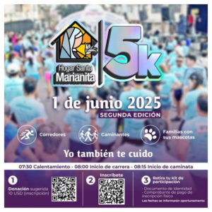 El próximo domingo 1 de junio, la ciudad de Ambato será escenario de una jornada deportiva con sentido social: la segunda edición de la carrera benéfica “Hogar Santa Marianita 5K”, organizada por el Hogar Santa Marianita y la Sociedad Protectora del Niño Huérfano y Abandonado, con el apoyo de la PUCE Ambato.