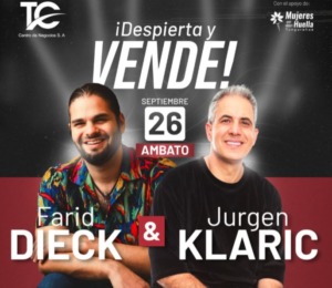 La ciudad de Ambato se prepara para recibir este viernes 26 de septiembre a dos referentes internacionales del emprendimiento y la neuroventa: Jurgen Klaric y Farid Dieck. Ambos serán los protagonistas del evento “Despierta y Vende”, que se desarrollará en el Centro de Exposiciones Ambato (EXPROA) y promete inspirar, educar y potenciar el espíritu emprendedor de los asistentes.