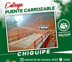 La Prefectura de Bolívar, bajo la administración del prefecto Aníbal Coronel Monar, inaugurará este jueves 2 de octubre de 2025 un nuevo puente carrozable en el recinto Chiguipe, parroquia San Luis de Pambil, cantón Guaranda. La ceremonia oficial está prevista a las 15h00 en el mismo sector.